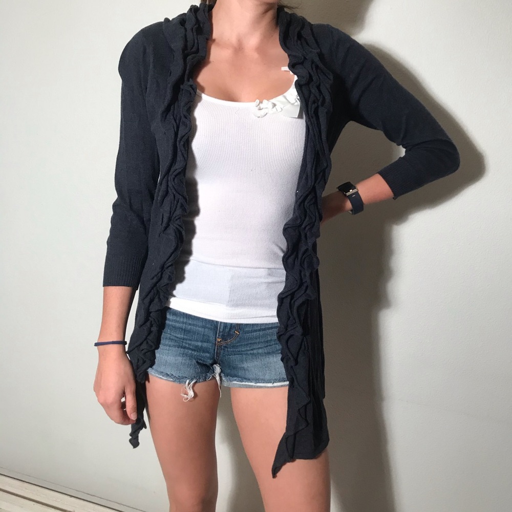 3/4 Sleeve Navy Ruffle Cardigan